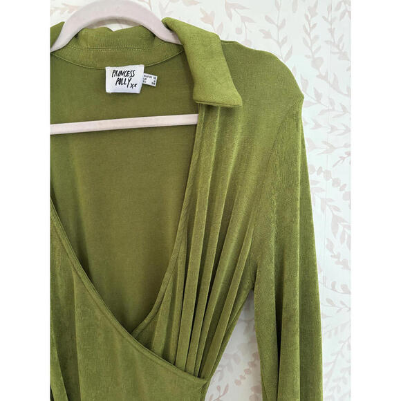 NWOT Princess Polly Sparkly Olive Green Collared Wrap Dress sz 6 - Picture 5 of 11
